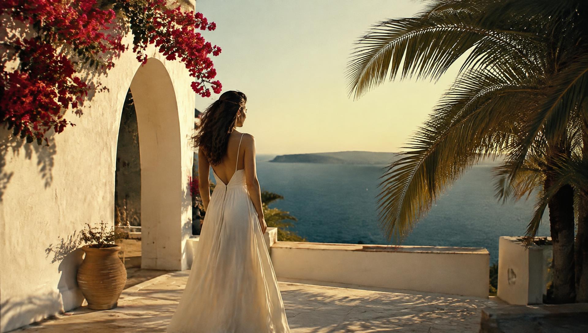 A woman in ivory linen on a whitewashed terrace overlooking the sea