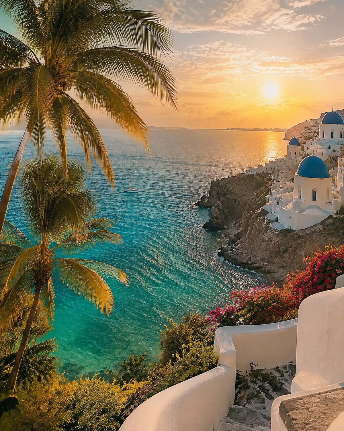 Caribbean palms meeting a whitewashed Greek coastline at sunset
